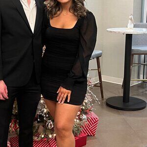 Lulus Perfect Sensation Black Mesh Ruched Puff Sleeve Mini Dress - Size L